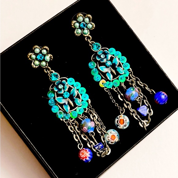 Designer vintage Turquoise and Blue Chandelier Earrings - Picture 1 of 2